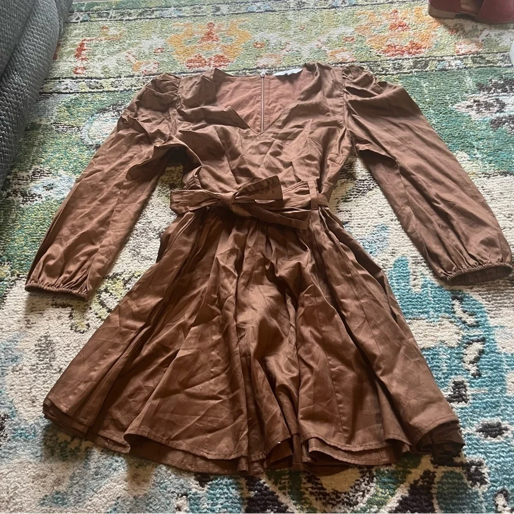 LaRoque Original Brown 100% Cotton Puff Sleeve Fit & Flare Mini Dress Size Large